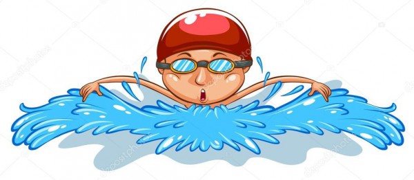 PŁYWAK | Zdjęcie przedstawia rysunkowego chłopca płynącego w czerwonym czepku i okularkach do pływania.